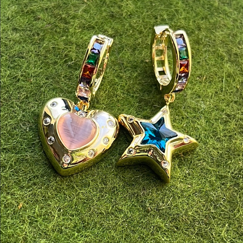 Gold Rainbow Bagette Huggies with Heart & Star Charms Dopamine Dressing Kidcore